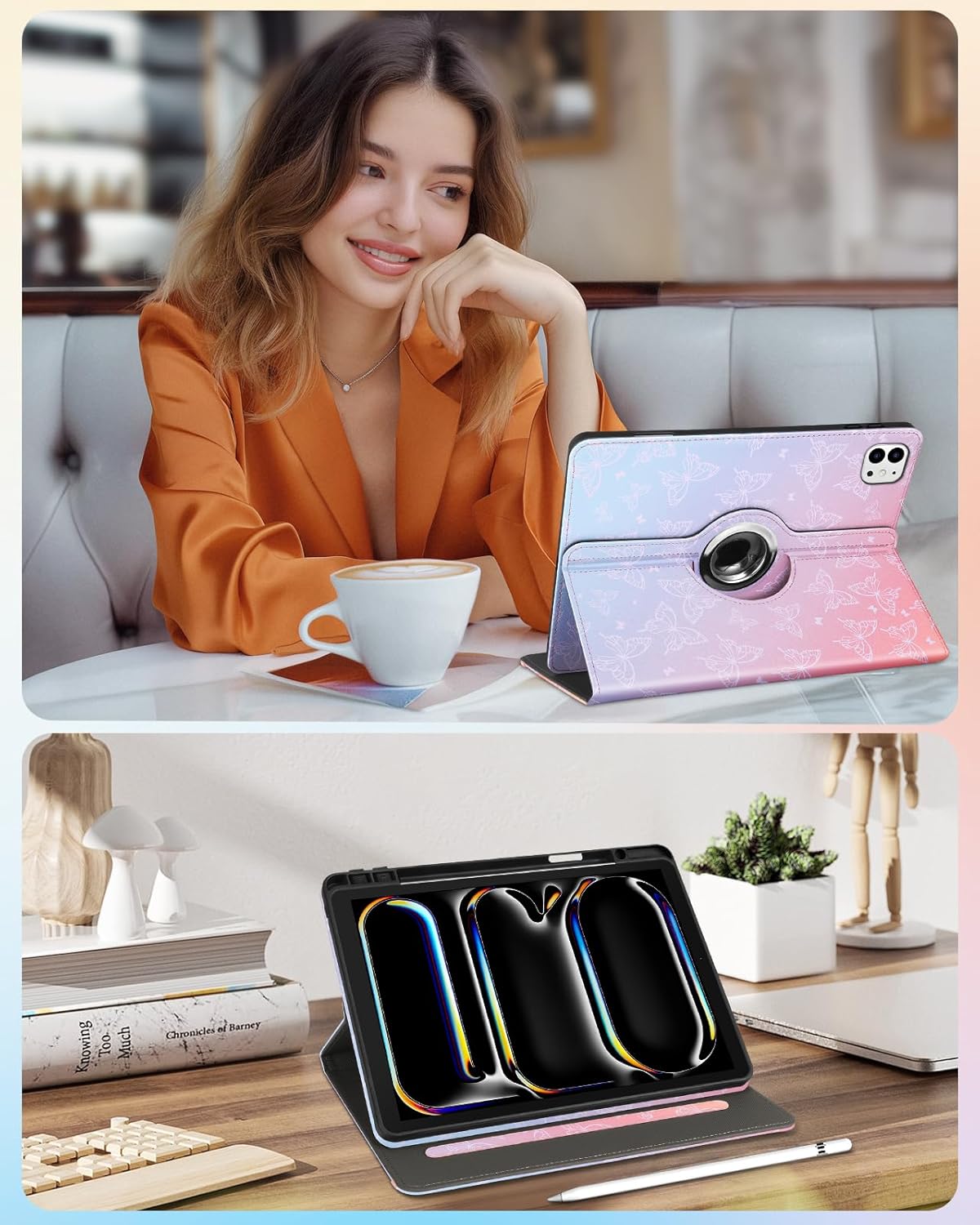 Kidcube for iPad Pro 13 Inch Case M4 2024 - Women Girls Kids Cute Rotating Stand Folio Cover with Pencil Holder & Card Slot Kawaii Butterfly Design for iPad Pro 13 Inch Case 2024 (A2925 A2926 A3007)