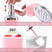 Vista 4 de Juego de accesorios de baño rosa, de plástico, con bandeja, dispensador de jabón, portacepillos de dientes, vaso, jabonera, cepillo para inodoro