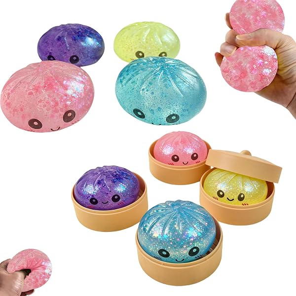 Dumplings Squishy, Glitter Dumpling Squishy Toy with Steamer Box,Cute Glitter Rainbow Dumplings Squishiest avec Visage,Stress & Anxiety Relief Toys Géant Relief Sensory Ball Soft Squeeze Sensory Toys - 2