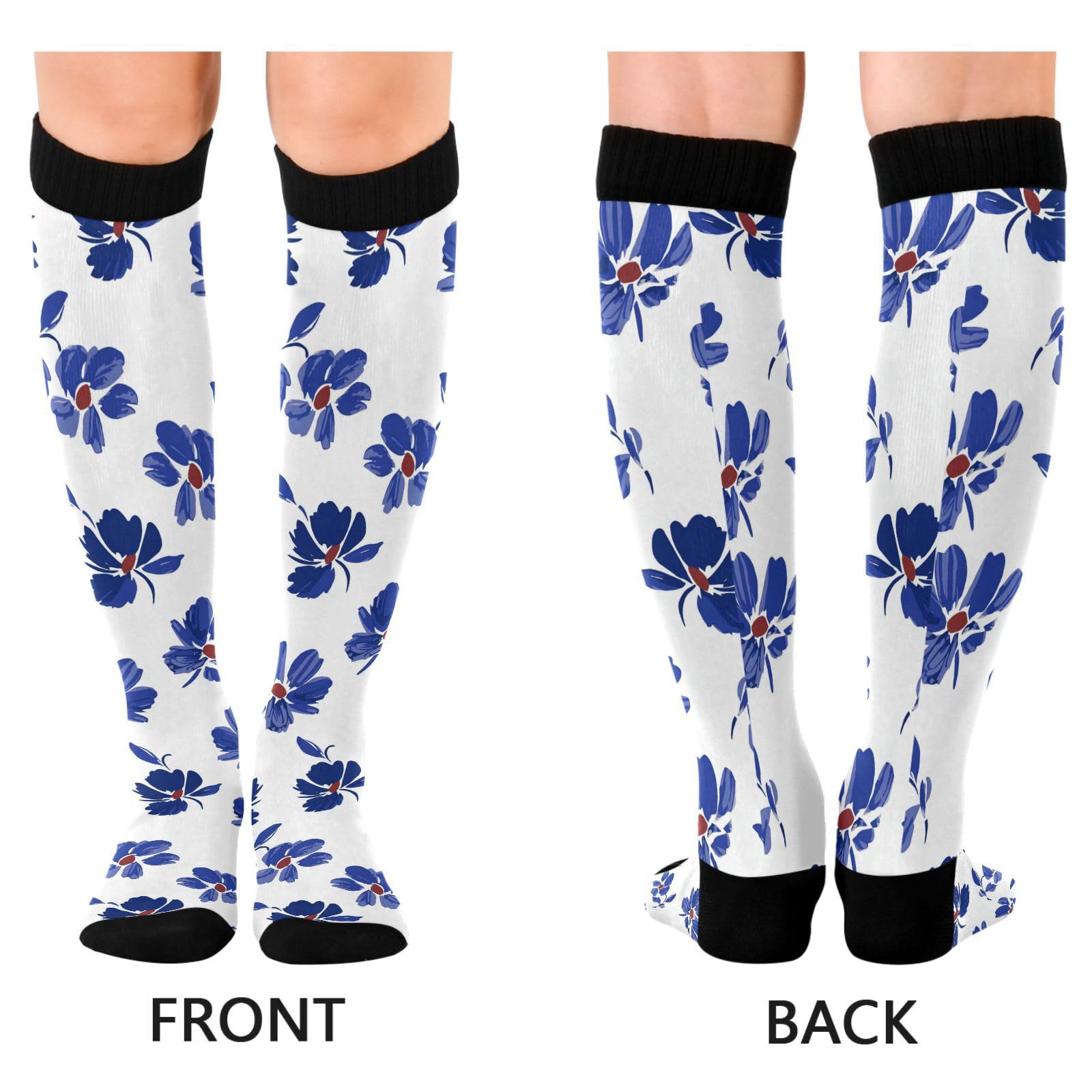 Dussdil Dark Blue Wildflowers Compression Socks for Women Men Circulation Long Knee Sock for Sport Gym Running Stockings