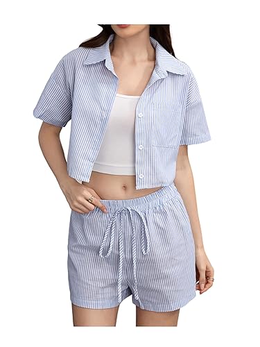 SweatyRocks Women's Linen Striped Short Sleeve Button Down Cropped Shirt