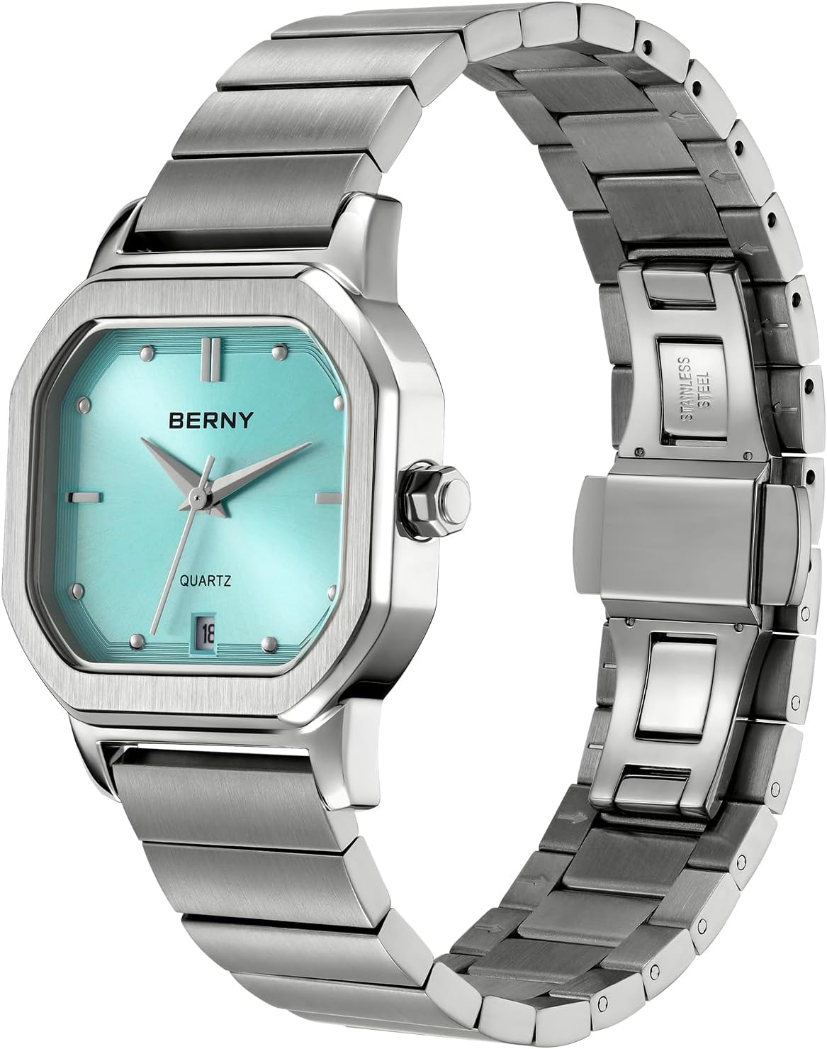 BERNY Silver Watch for Men Classic Square Quartz Watch Men's Casual Analog Watches with Date Calendar Japanese Movement Stainless Steel Case/Watch Band