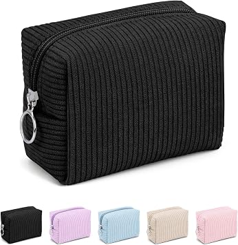 MAGEFY Corduroy Makeup Bag - Small Travel Cosmetic Pouch for Women, Portable Mini Zipper Purse with Everyday Essentials for Office, or Trip Black