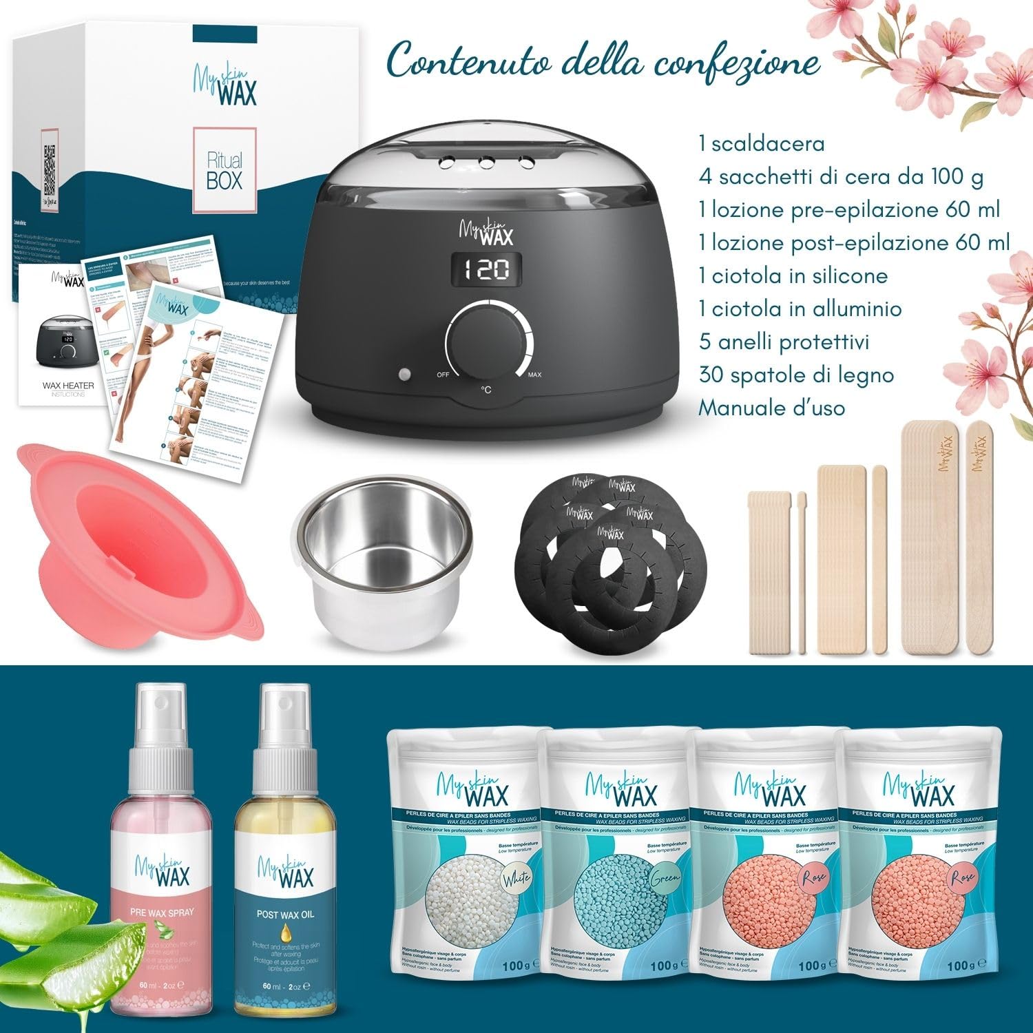 Scaldacera professionale con ciotola in silicone, riscaldatore digitale per cera calda: kit ceretta senza strisce, 400g di cera ipoallergenica a bassa temperatura per bikini, viso, corpo