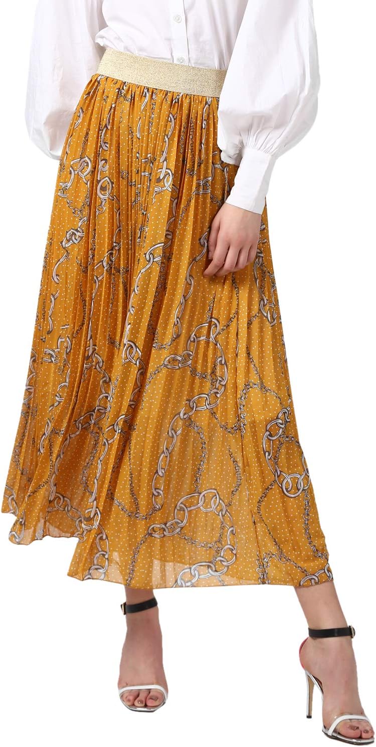 Women's Yellow Chain Print Pleated Skirt (3537PleatYelloChain)