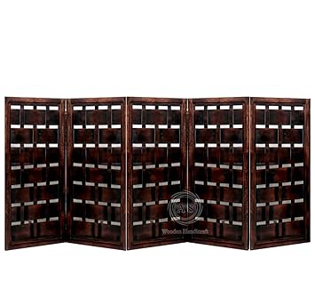 AS Wooden Handicraft 4 Feet Wooden Partition for Living Rooms Partition Wall Divider, Wood Screen Separator for Living Room/Bedroom/Office/Restaurant/Kitchen Net Look Covered 5 Panels (Dark)(Brown)