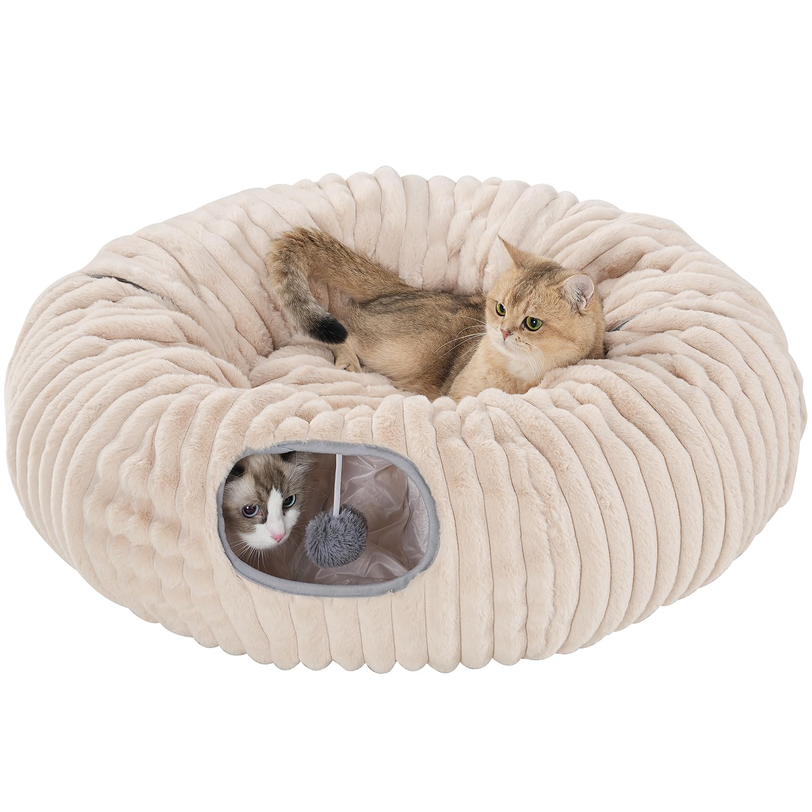 Avont Tunnel pour Chat Modulable, Tunnel Intérieur pour Jeu et Dormir, Lit Rond sous Le Sapin, Panier Chaud Moelleux pour Chat, Cabane Sapin de Noël, Donut avec Balles Suspendues et Fenêtres -Marron