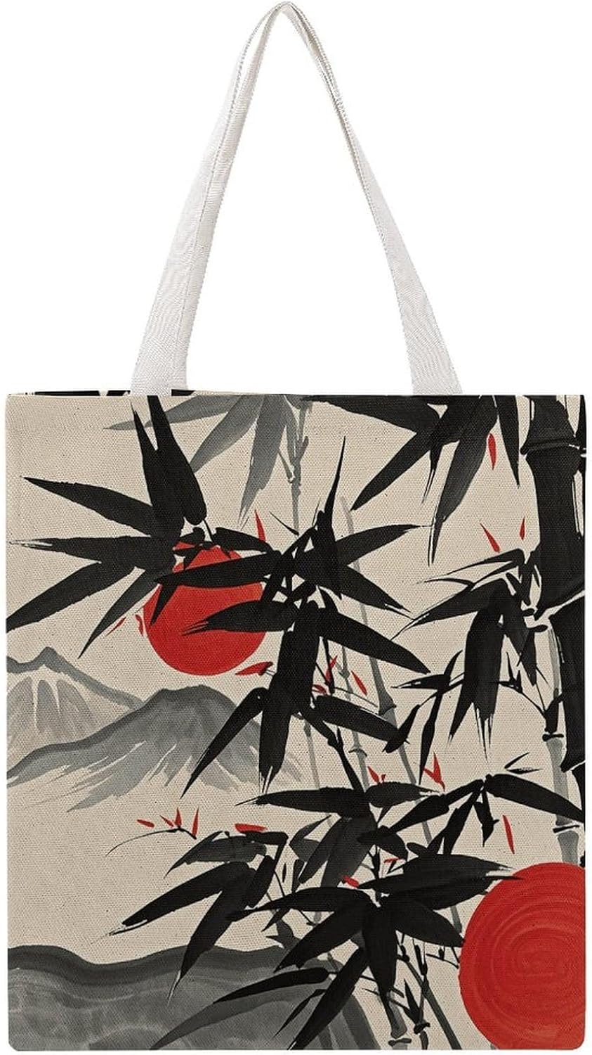 Asian Ink Painting Canvas Tote Bag Reusable Grocery Bags Foldable Soft Cotton Shoulder Carry Bag