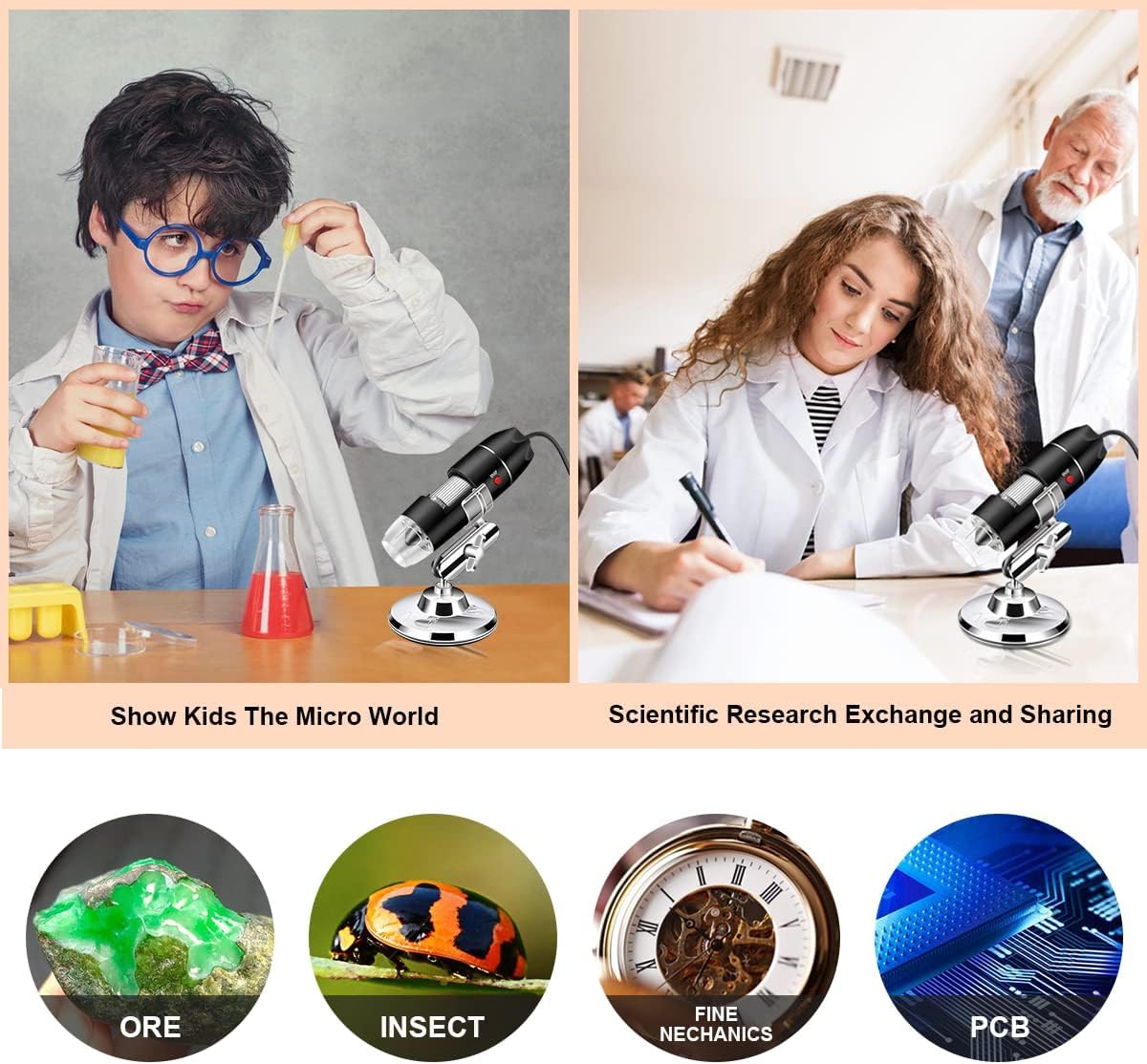 Mikroskop USB, mikroskop cyfrowy, WiFi, USB, 1000 x endoskop z metalowym stojakiem, mini ręczny mikroskop cyfrowy z kablem USB, 8 diod LED, do elektroniki, monet, skóry, kontroli roślin