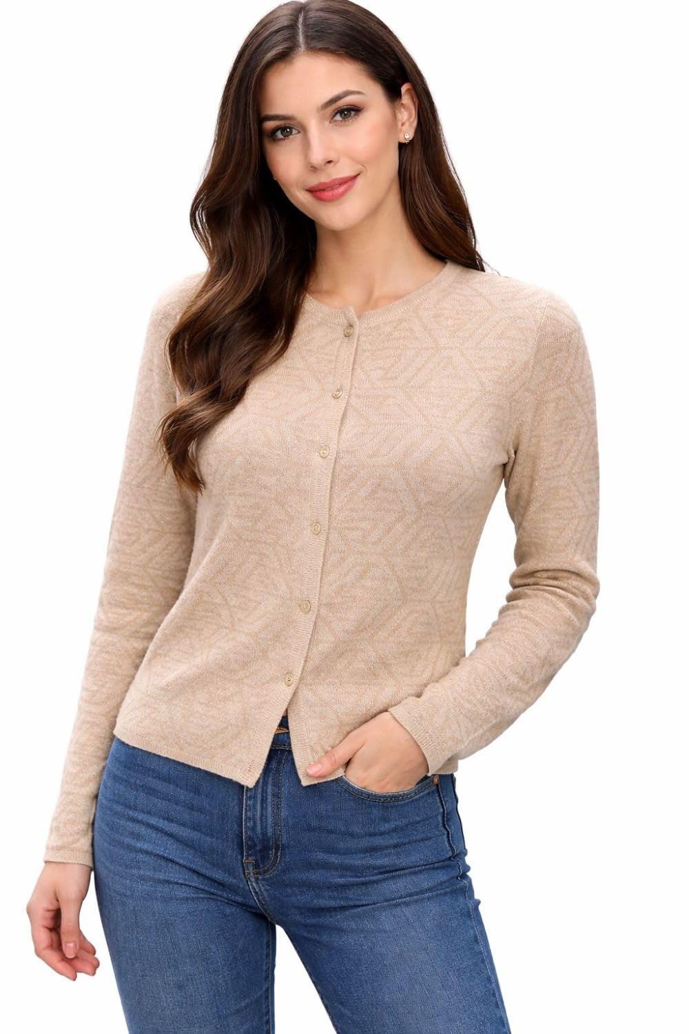 manera Latest Trend Women's Classic Button-Down Cardigan, Beige Long Sleeve Knit Sweater, Casual Round Neck Style-picture-24