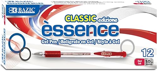 BAZIC Essence - Bolígrafo de gel de punta media de 0.039 in, tinta de gel roja, agarre cómodo, escritura suave, 12 unidades, 1 paquete