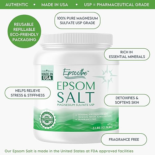 Miniatura 4 de LA SALT CO Epsoothe - Tarro de sal de Epsom de 5 libras para baño y remojo y exfoliante para pies, sulfato de magnesio puro y natural, USP, alivia