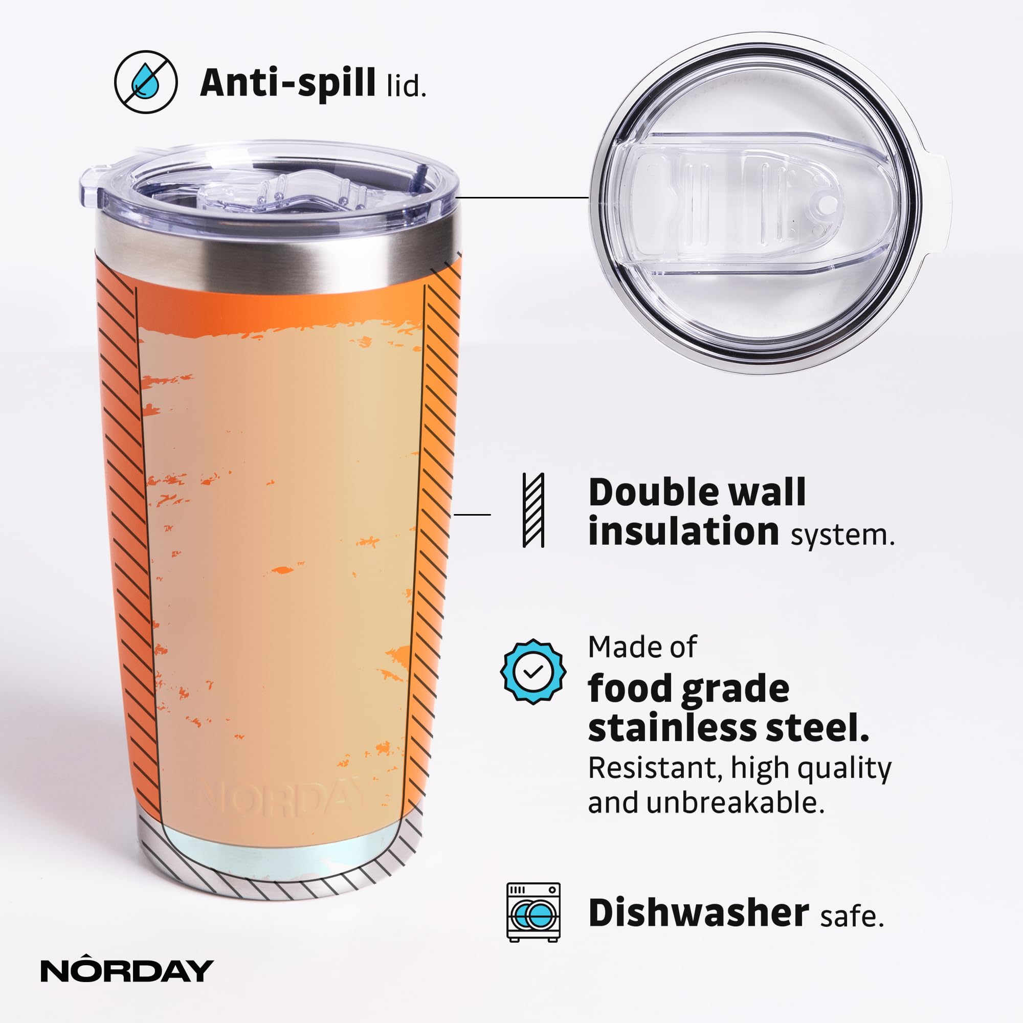 NORDAY Tasse mit Deckel, vakuumisoliert, Reisebecher, Edelstahlbecher, doppelwandiger Kaffeebecher, hält Temperatur bis zu 24 Stunden, auslaufsicher, Orange