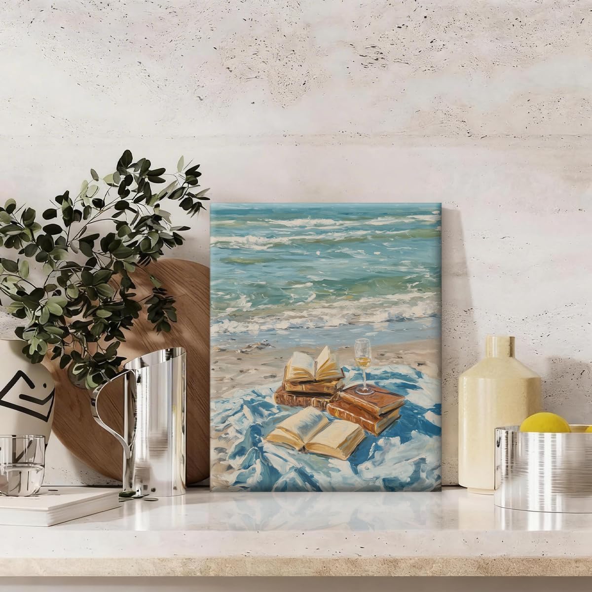 APOHBGV Beach Canvas Wall Art Coastal Ocean Painting, Summer Book Stack Artwork Bookish Academia Decor for Living Room Bedroom Bathroom Reading Nook Home Office 8x10 Inch