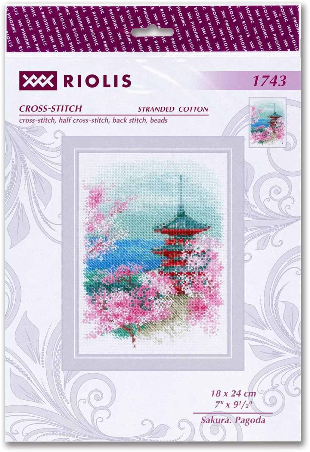 RIOLIS - Sakura. Pagoda 1743, Cross Stitch Kits 7,09" x 9,45", Cross Stitch Kits for Beginners & Advanced, Crossstitching Kit Adult, Embroidery Counted Stitching Kit
