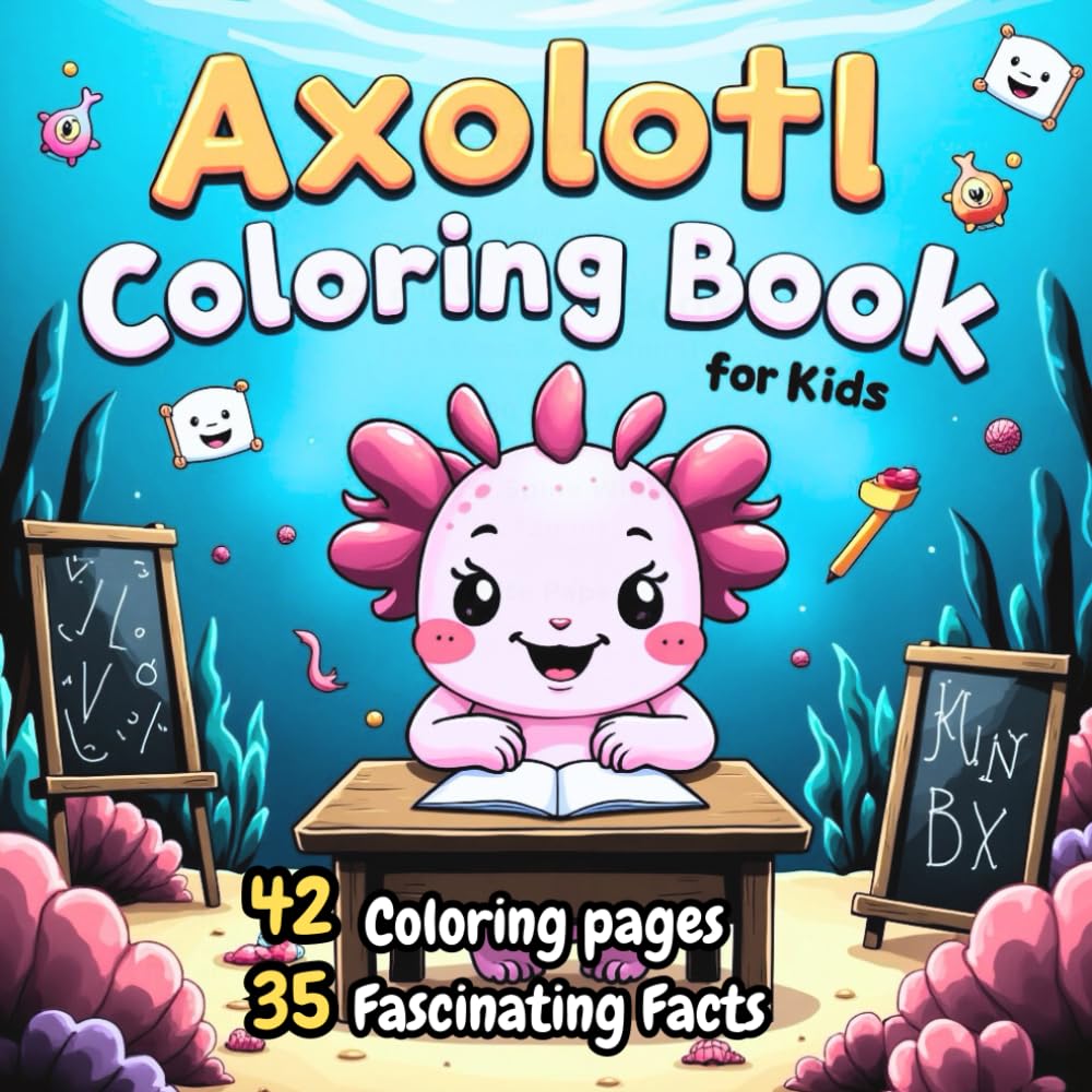 Axolotl Coloring Book for Kids: 42 Cute Coloring Pages + 35 Fascinating Axolotl Facts for Curious Little Learners