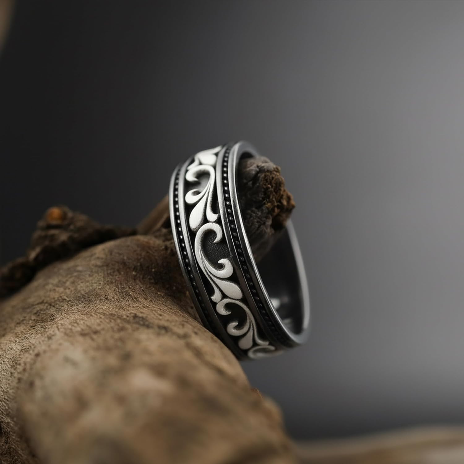 David Black Handmade Floral Band Ring, 925 Sterling Silver Vintage Flower Pattern Ring for Men & Women, Oxidized Boho Filigree Band, Celtic Style Thumb Ring, Romantic Jewelry Gift