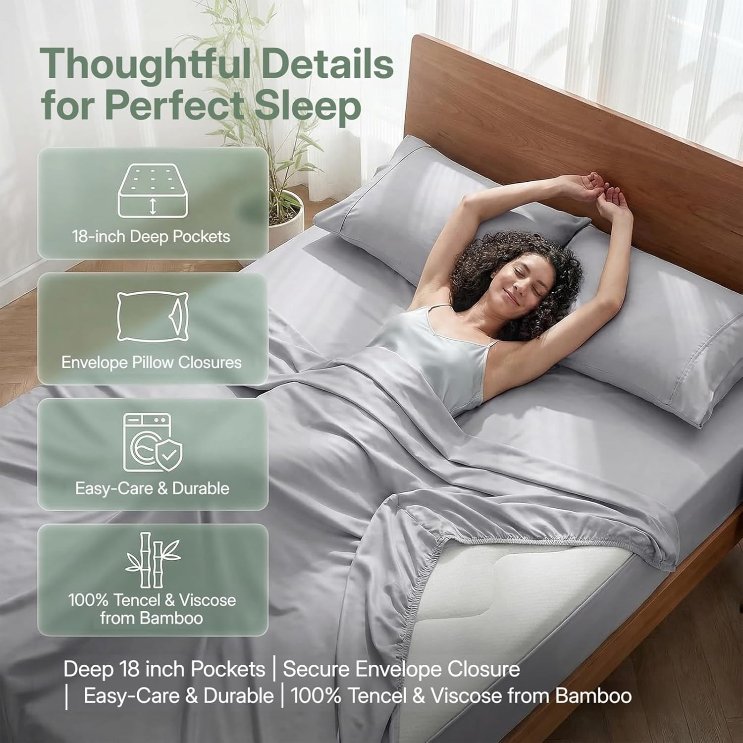 Luxury Tencel & Viscose Derived from Bamboo Hotel Bed Sheet Set,Deep Pocket Soft & Cooling for Hot Sleepers,Silky Smooth Hypoallergenic Breathable Bedding with 2 Pillowcases (Gray, Queen)
