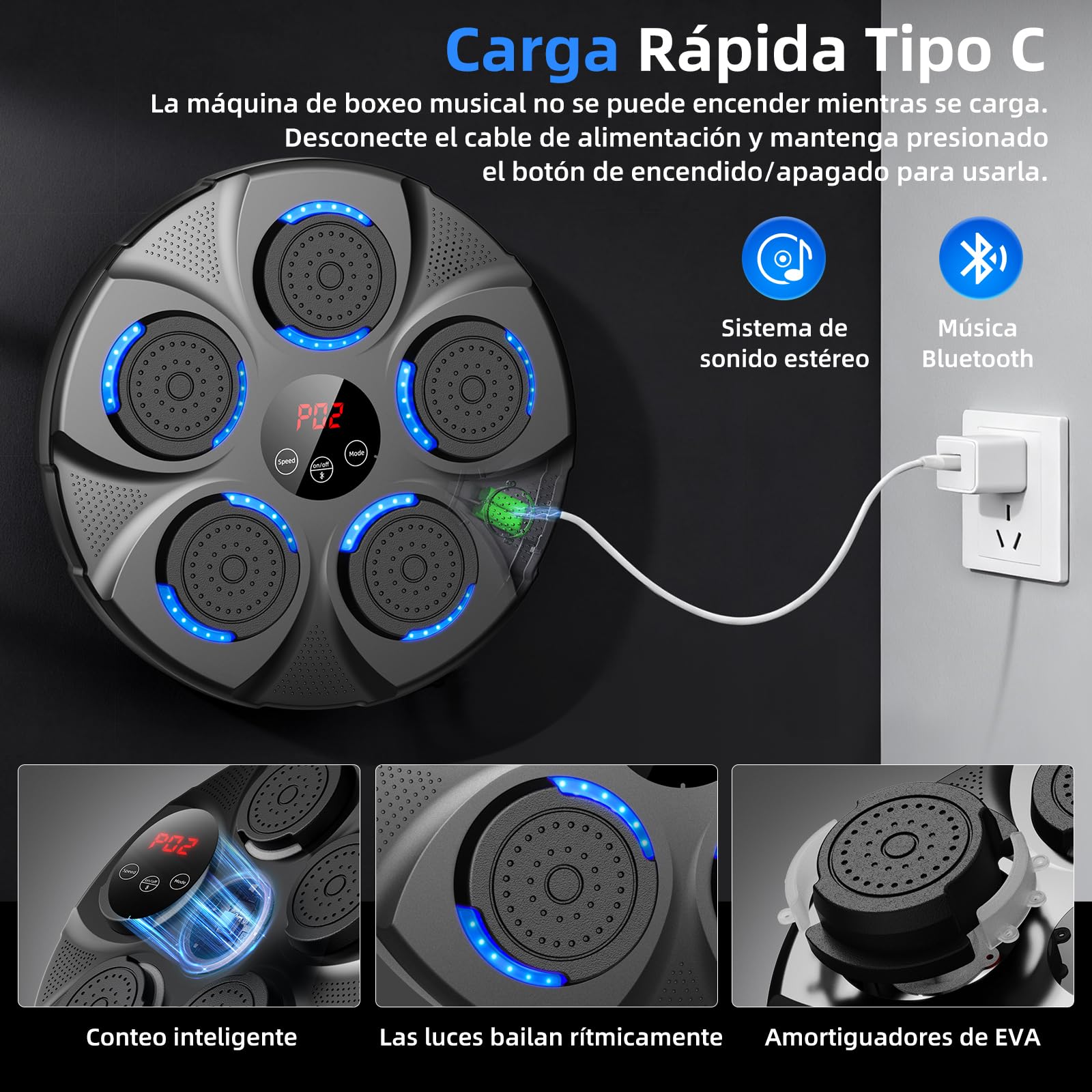Máquina de Boxeo Musical, Máquina de Boxeo Electrónico Profesional con Guantes, Bluetooth, 9 Velocidades/Modos para Niños y Adultos, Casa, Oficina, Gimnasio, Negro