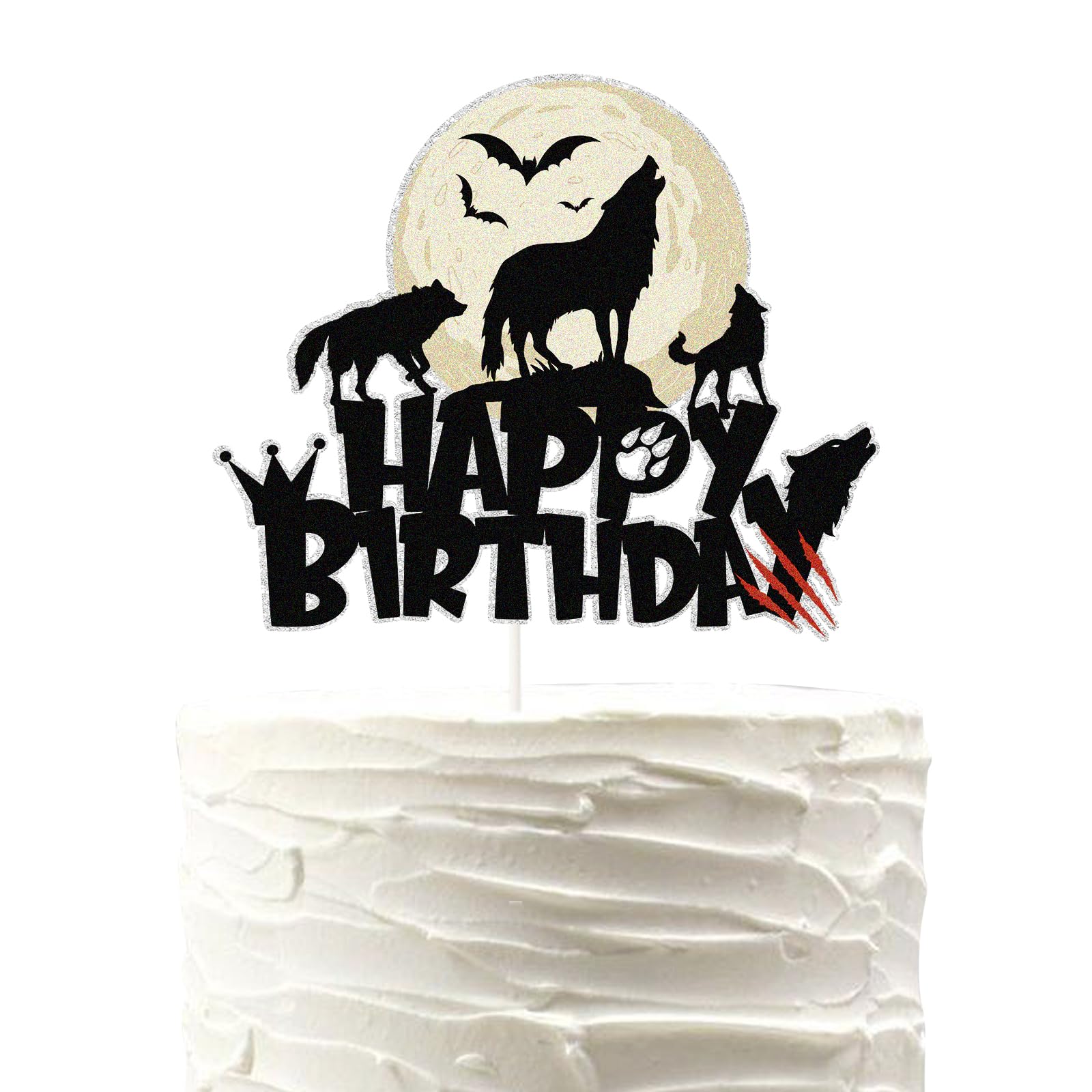 Wolf Happy Birthday Cake Topper,Wolf Howl Full moon Cake Decor Animal Birthday Themed Party Supplies,Boys Girls Birthday Party Cake Topper Decoration.