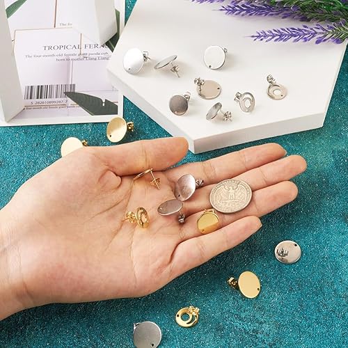 Miniatura 5 de 32 aretes de acero inoxidable 201, aretes redondos planos de acero inoxidable de 24 quilates, con pasador de acero inoxidable 304 para aretes