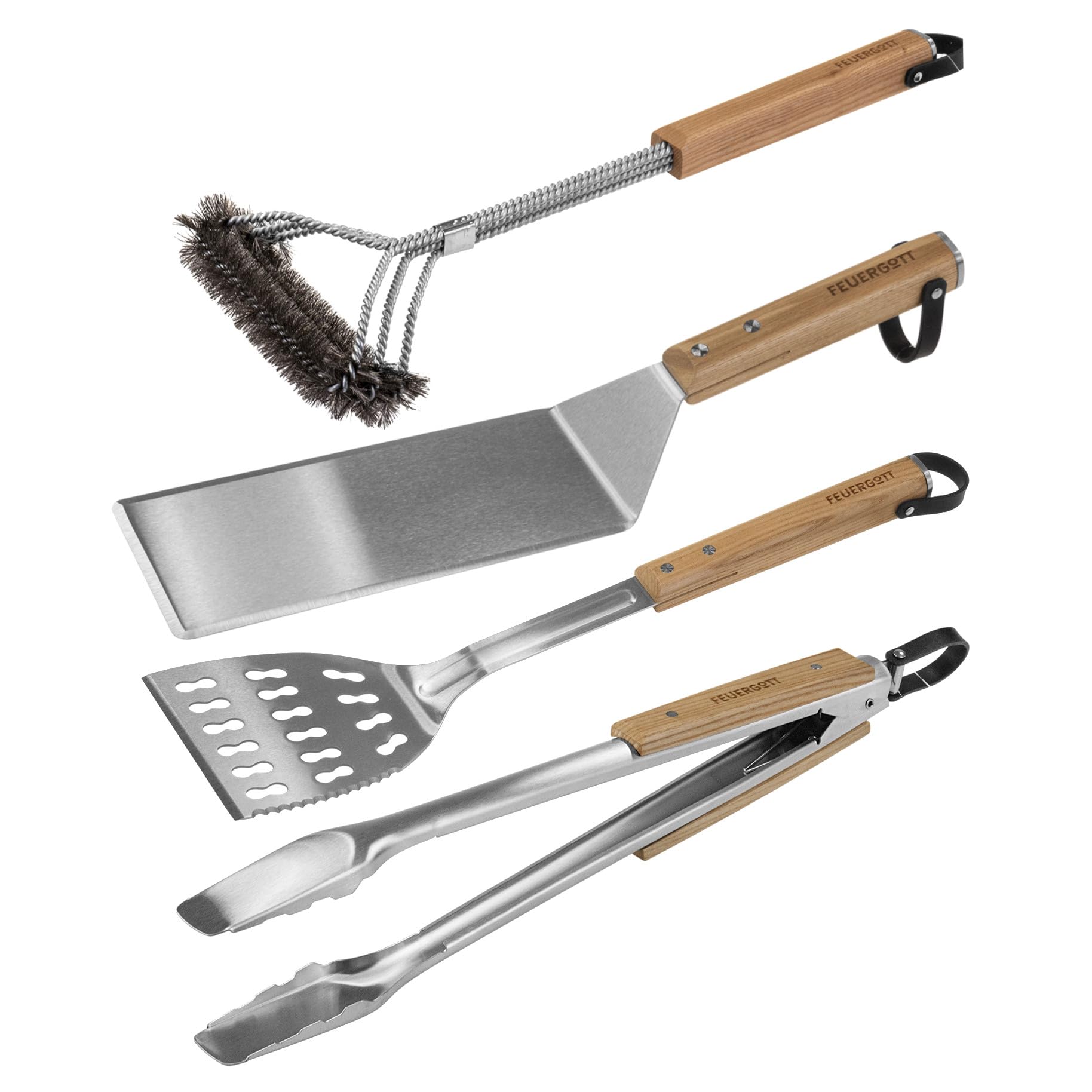 Grillbesteck-Set 4 Teile Edelstahl, Zedernholz, Lederschlaufen, Grillbesteck mit Grillzange, Grillwender, Grillspachtel und Grillbürste