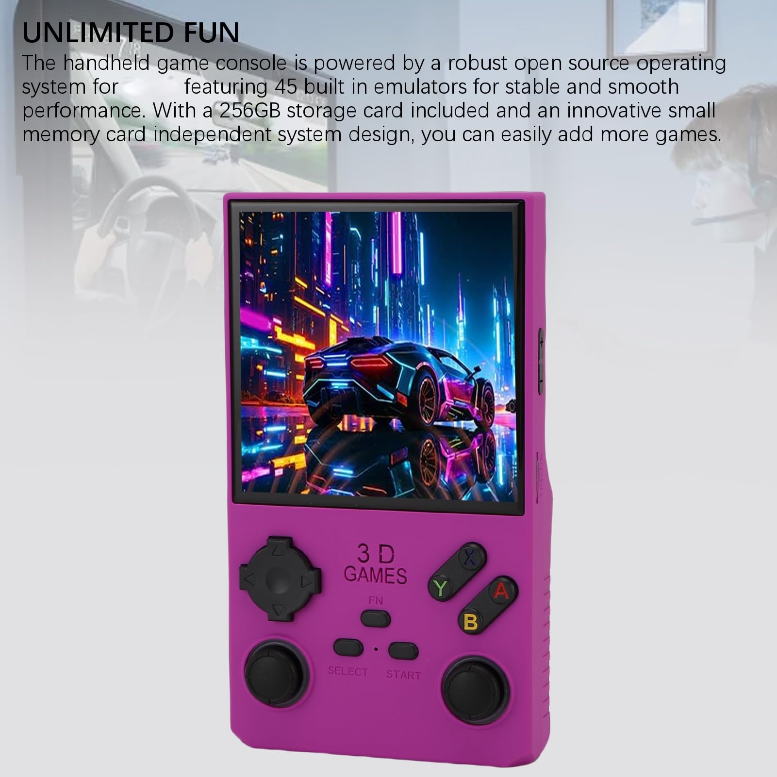 Goshyda Handheld -Spiel, Tragbare Retro -Gaming -Konsole mit RGB -Farben, die in 256 GB Speicherkarte 45 Emulatoren Eingebaut Sind, 4.0 Im HD -Bildschirm Video Player (violett)
