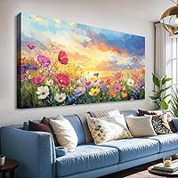JLXART 20x40 Wildflower Meadow Canvas Wall Art - Vibrant Sunset Landscape Print for Living Room, Bedroom Decor