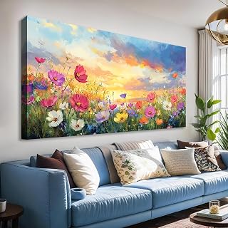 JLXART 20x40 Wildflower Meadow Canvas Wall Art - Vibrant Sunset Landscape Print for Living Room, Bedroom Decor