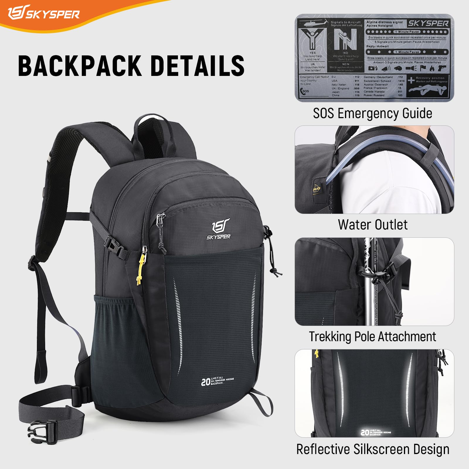 SKYSPER Kleine Rugzak 20L Wandelen Rugzak Lichtgewicht Reizen Dagrugzak voor Vrouwen Mannen