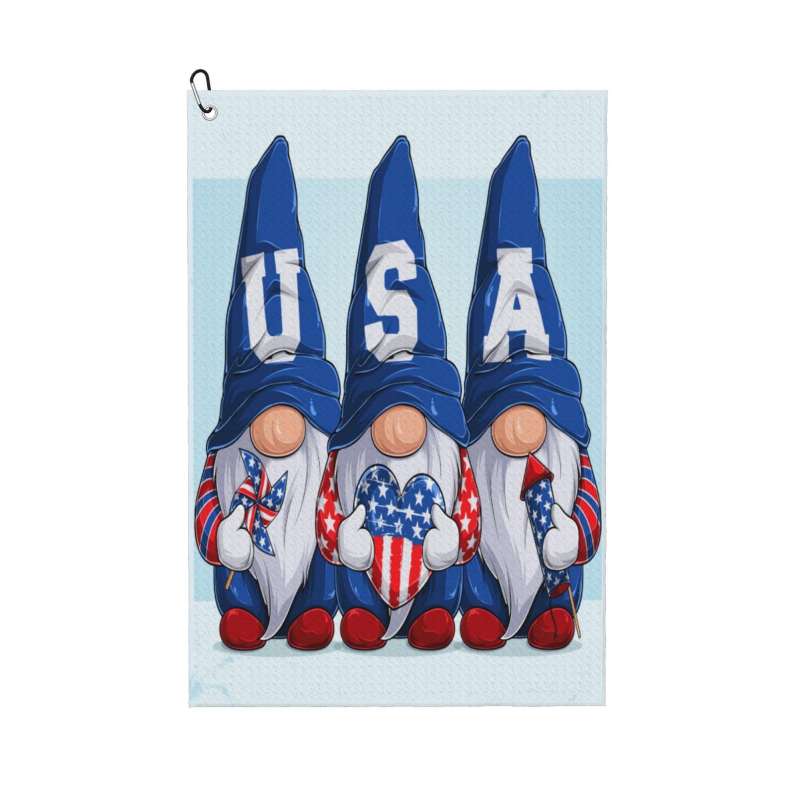 AOOEDM Cute Gnomes in USA Print Golf Towel with Carabiner Clip Absorbent Microfiber Golf Towel for Cleaning Golf Ball Club Putter Iron for Golf Bag Trolly Belt Loop 16" X 24"