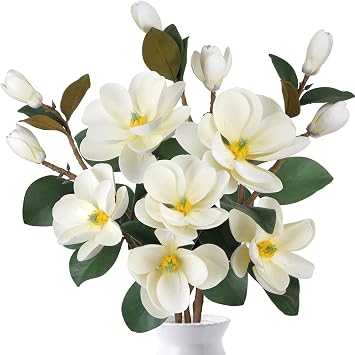 3pcs Magnolia Stems Artificial, Fake Magnolia Flowers, White, 37
