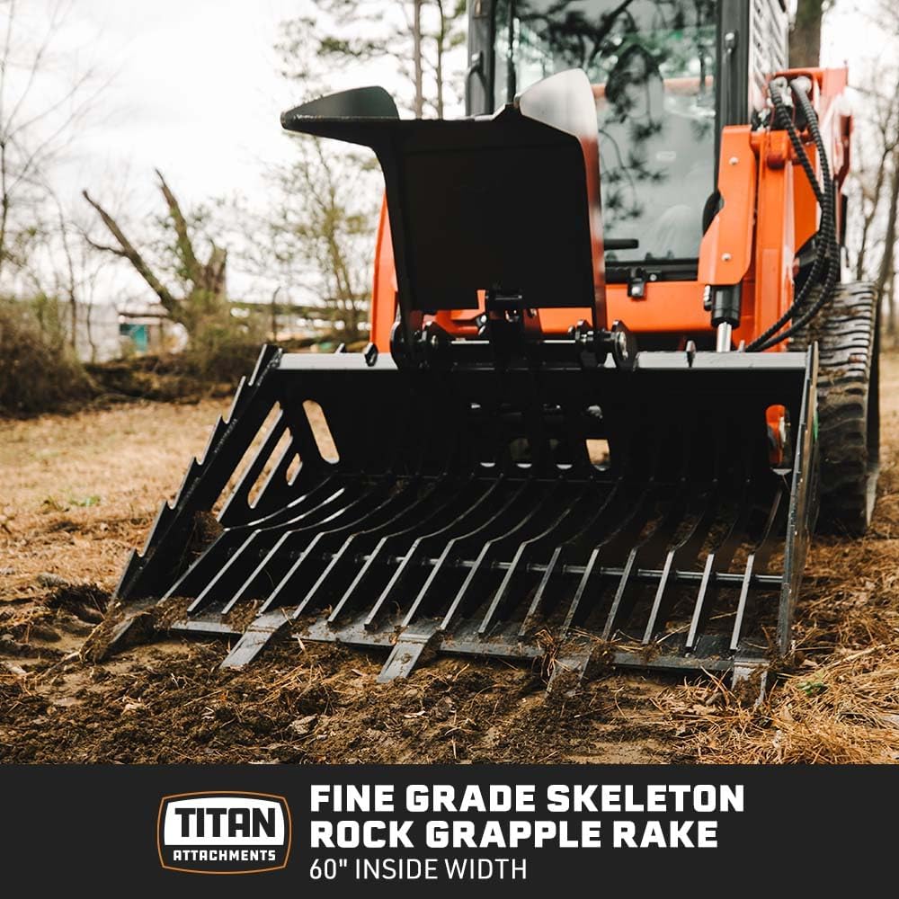 Titan Attachments 60" Fine Grade Skeleton Rock Grapple Rake with Teeth, Universal SSQA, Reinforced Side Cutters, Replaceable Teeth, Open-Tined Bottom for Sifting Soil, Sand, and Rocks