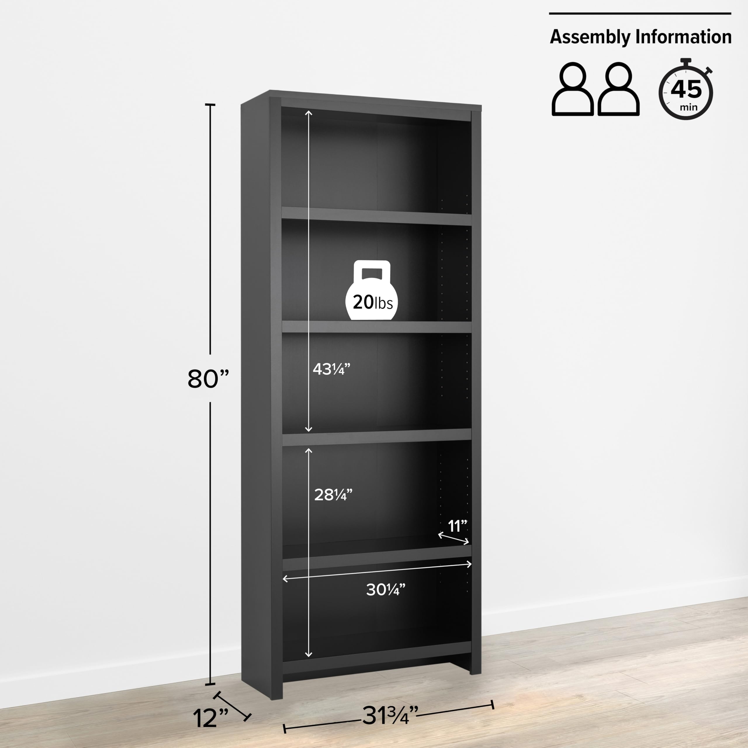 Snapklik.com : Prepac Moda 5-Tier Tall Wooden Bookcase, Black Storage ...