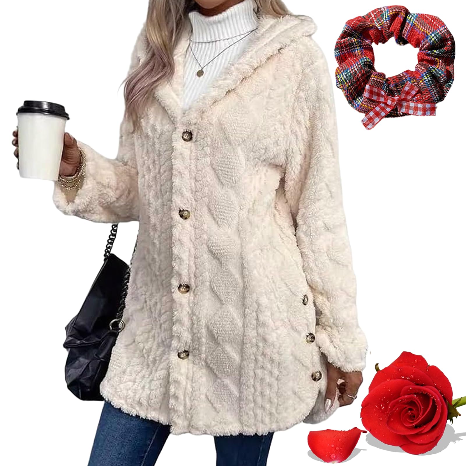 Womens Fall Winter Warm Fashion Jacquard Hooded Cardigan Long Sleeve Coat Outerwear for Casual Daily Wear