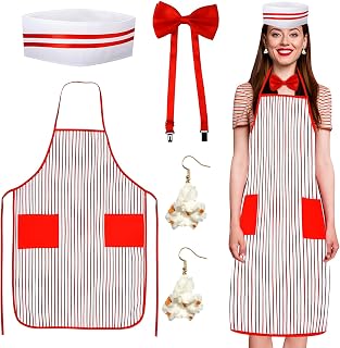 4 Piezas Disfraz de Camarero de Los Años 50,Delantales Rayas y Blancas Rojas y Gorro de chef,Pajarita Ajustable,Pendientes de Palomitas de Maíz, para Halloween, Cosplay,Fiesta Disfraces de Carnaval