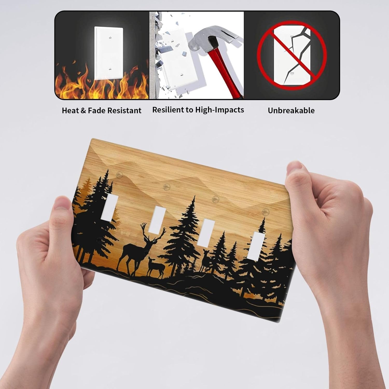 Rustic Forest Pine Tree Wood 4 Gang Quad Toggle Light Switch Cover Wall Plate Decorative Deer Country Farmhouse Brown Switchplate Outlet Faceplate for Kitchen Office