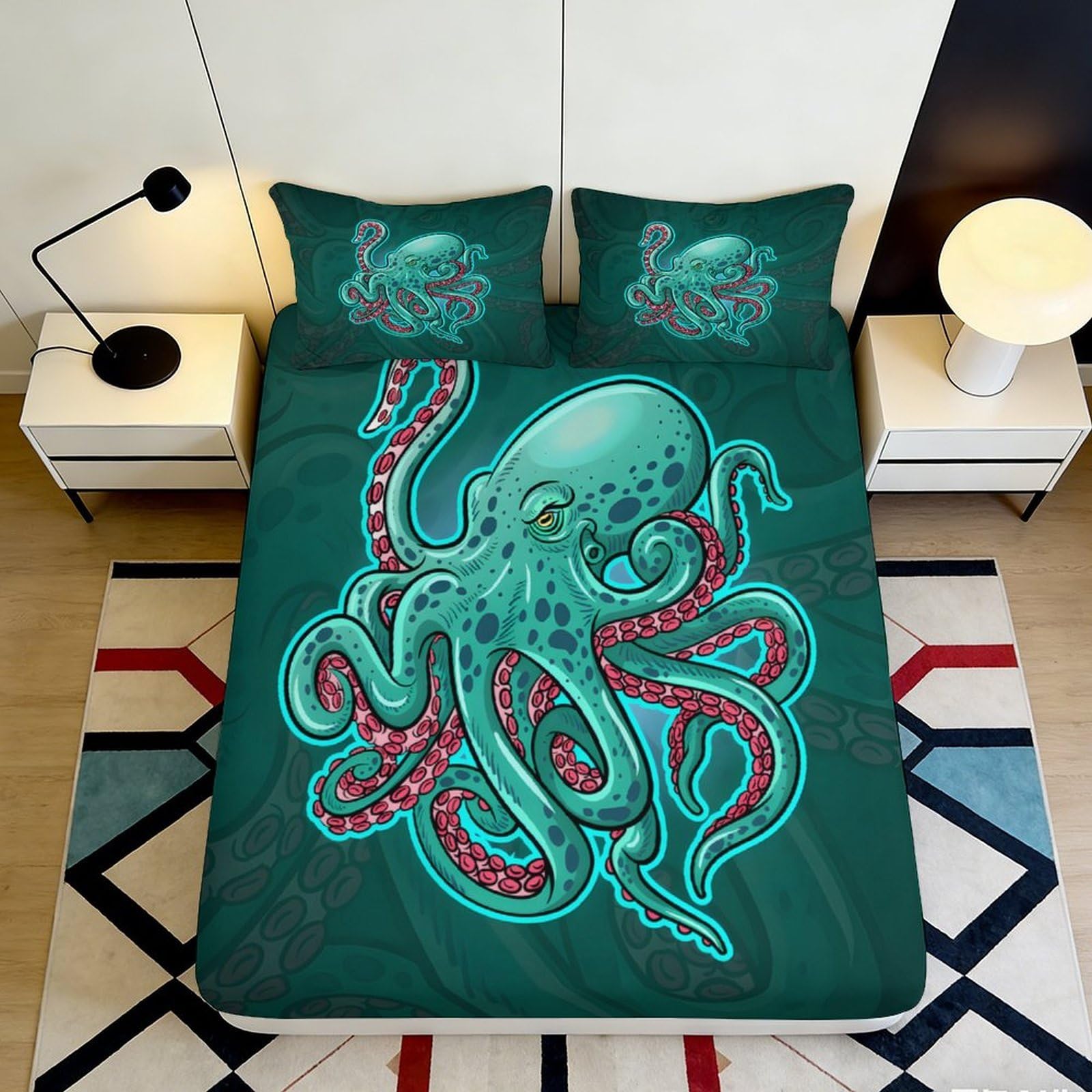 3D Printed Octopus Art Fitted Sheet Microfiber Teal Ocean Creature Bed Cover Non-Slip Machine Washable for Bedroom Decor 90x200x25cm