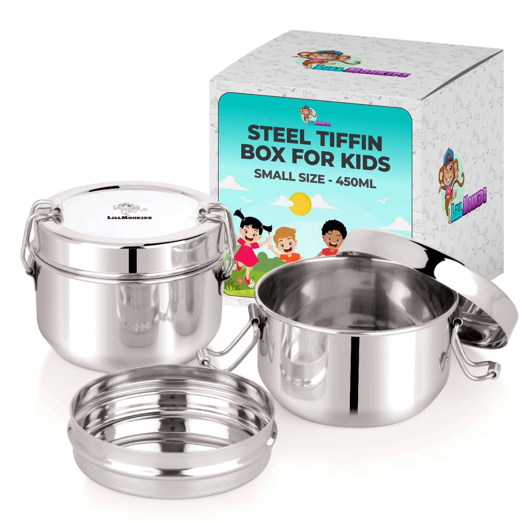 LiLLMONKiDZ Stainless Steel Lunch Box for School Boys & Girls Set of 2 450ml Each, Clip Lock Tiffin Box for Kids, Durable Tiffin Containers with Middle Partition Compartment, Perfect for Daily use (B0DHNL4H1S) Amazon Price History, Amazon Price Tracker