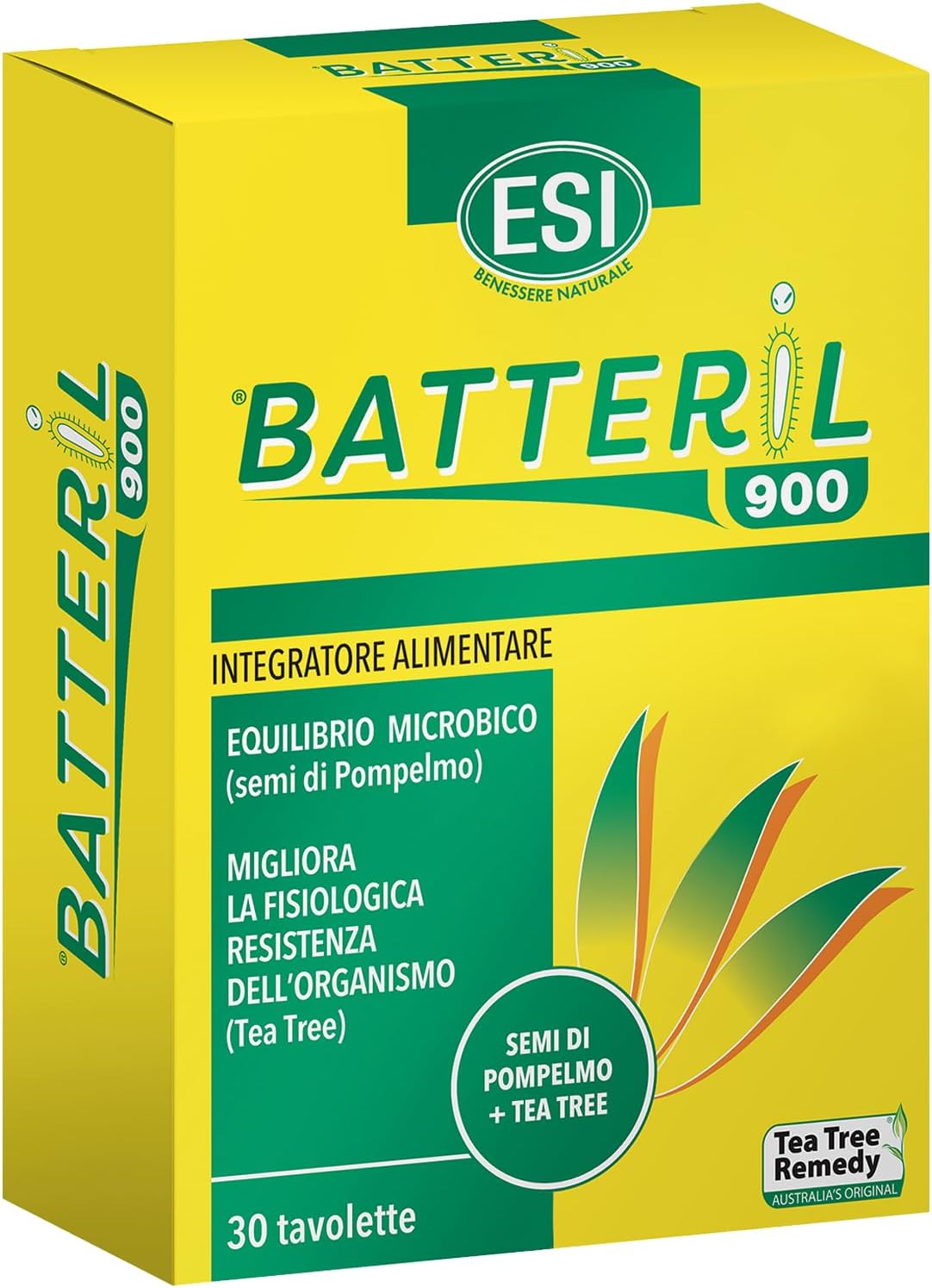 ESI - Batteril 900, Integratore Alimentare di Tea Tree Oil e Semi di Pompelmo, Sostiene il Sistema Immunitario, Favorisce l'Equilibrio Microbico, Senza Glutine e Vegan, 30 Tavolette