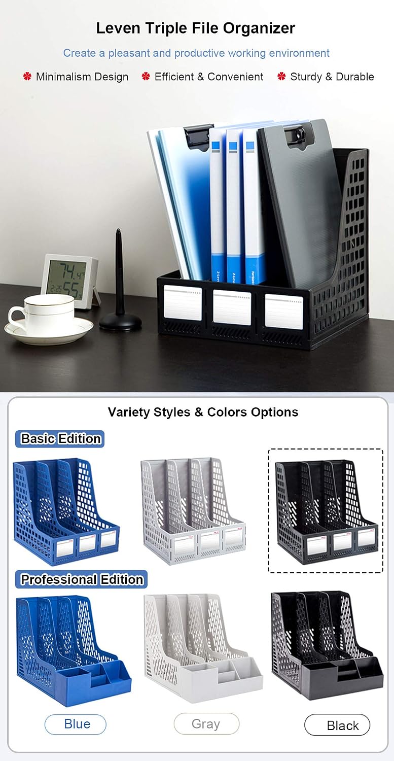 Leven Sturdy Magazine File Holder Desk Organizer File Folder for Office Organization and Storage with 3 Vertical Compartments, File-Storage-Organizer-Magazine-Holder
