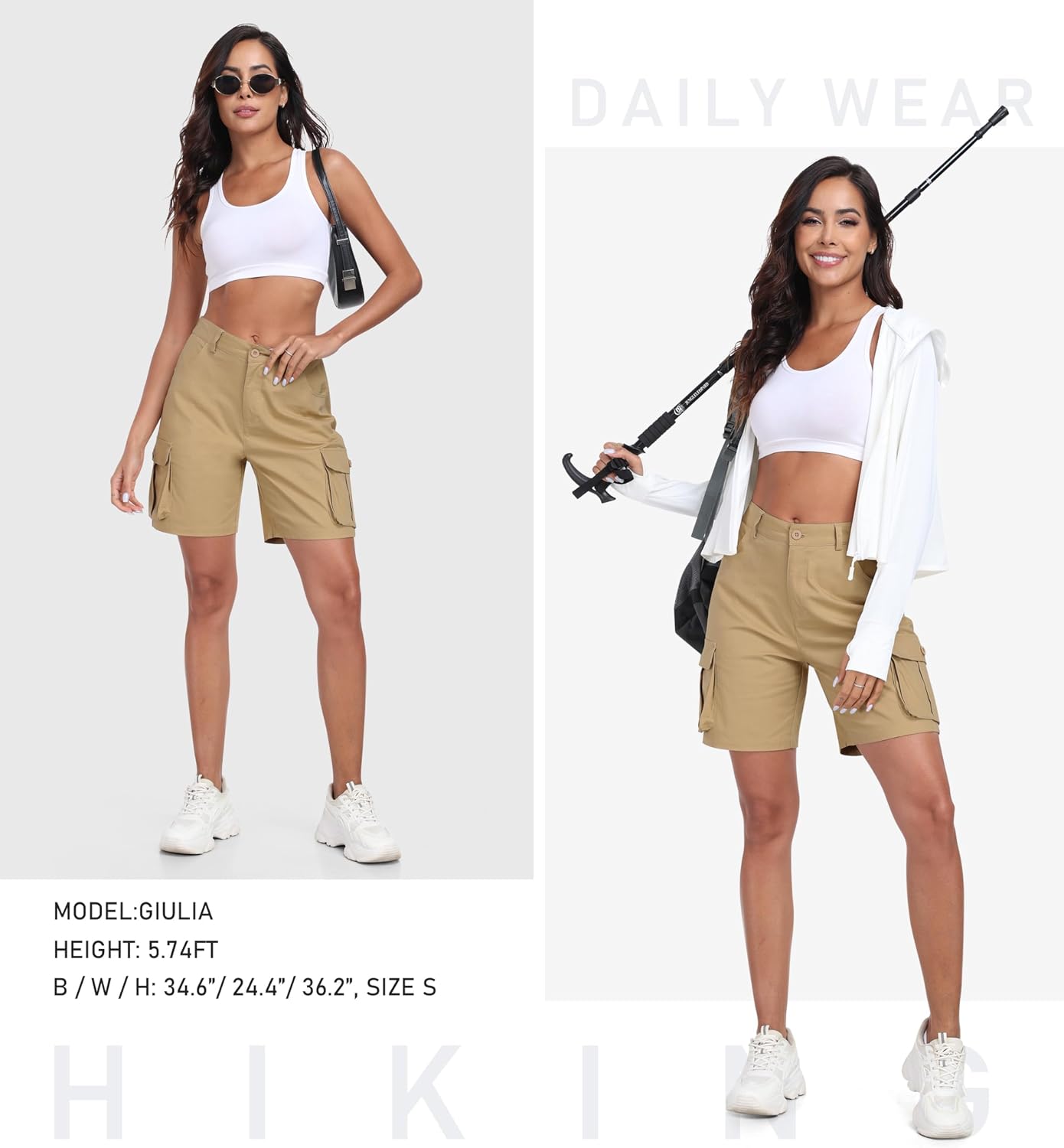 MoFiz Women's Cargo Shorts Bermuda Shorts Button Pockets Elastic Waist Knee Length Long Hiking Casual Shorts for Summer