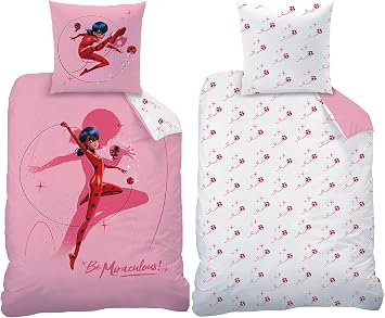 Miraculous Ladybug Children's Bed Linen Shadow Pink 135 x 200 cm + 80 x 80 cm 100% Cotton Flannelette Quality Marinette Adrien Cat Noir Lady Bug Girls Paris with Zip German Size