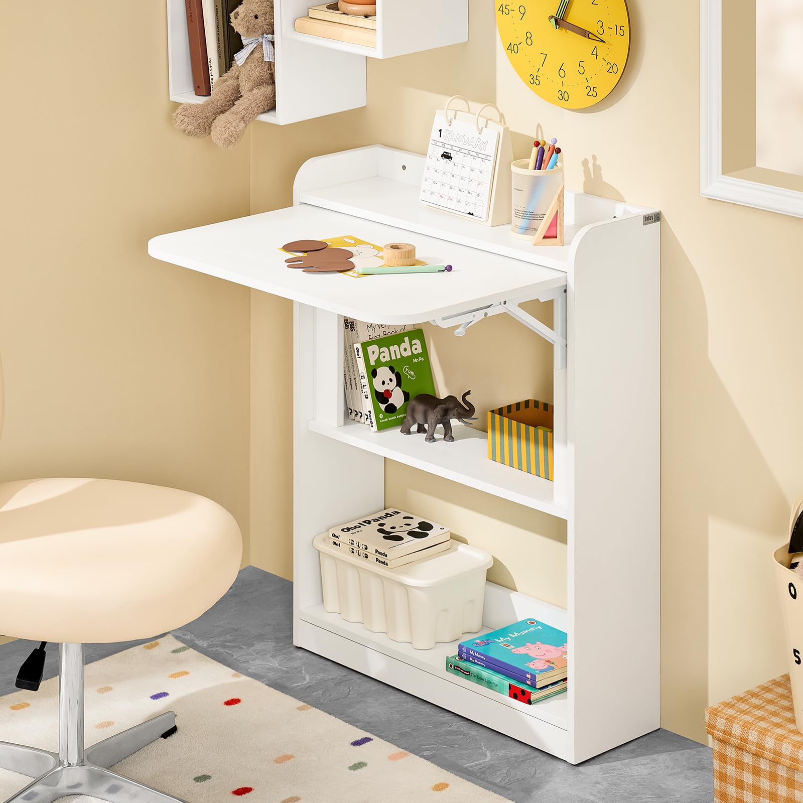 SoBuy Schreibtisch Klappbar mit 3 Ablagen Platzsparend 64x82x58cm Büro | Kleiner Schreibtisch mit Regal, Klapptisch mit 3 Ablagen für Platzsparendes Arbeiten, Wandtisch Weiß, FWT92-W