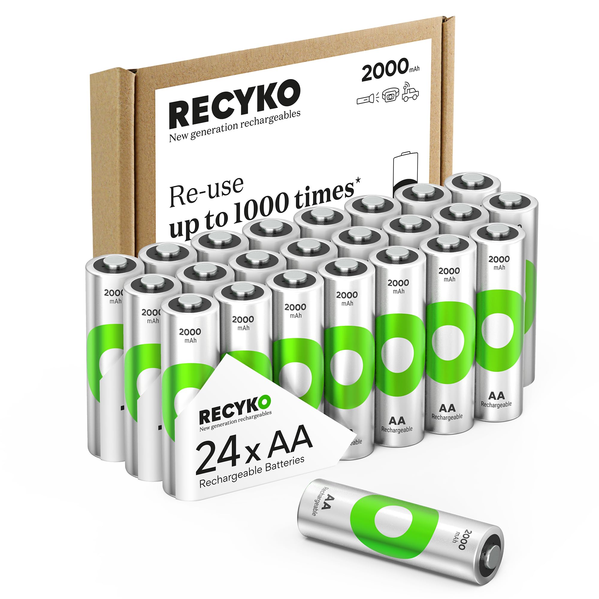 Rechargeable AA Batteries 2000mAh – Pre-Charged – Re-use 1000+ Times – Retains Power After 6 Years – Rechargeable NiMH Battery AA – Pack of 24