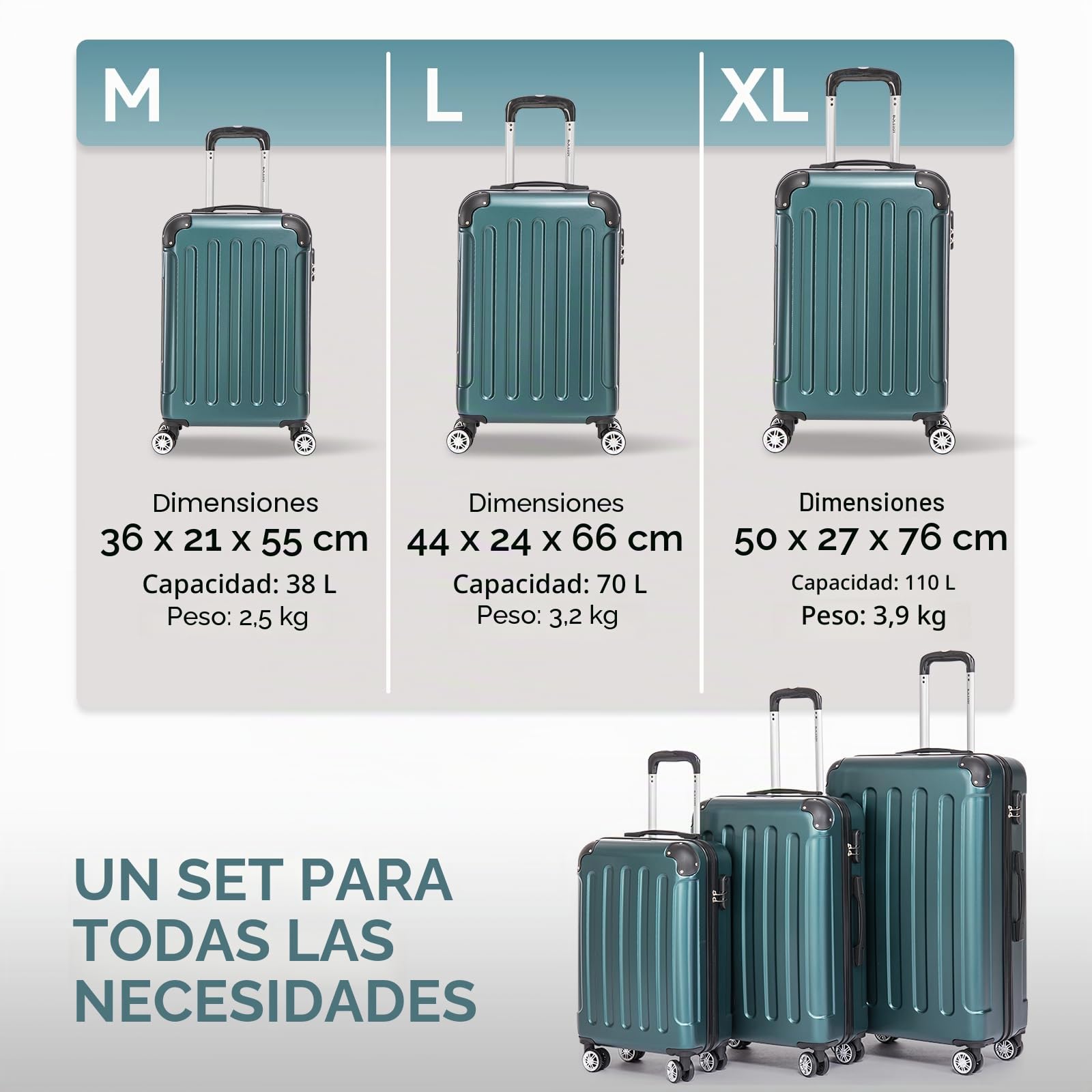 Juego 3 Maletas Viaje (55/66/76CM) ABS Rígidas con Cerradura y Ruedas 360°,Set Trolley de Viaje Incluye Maleta Cabina,Ideal Negocios y Familia