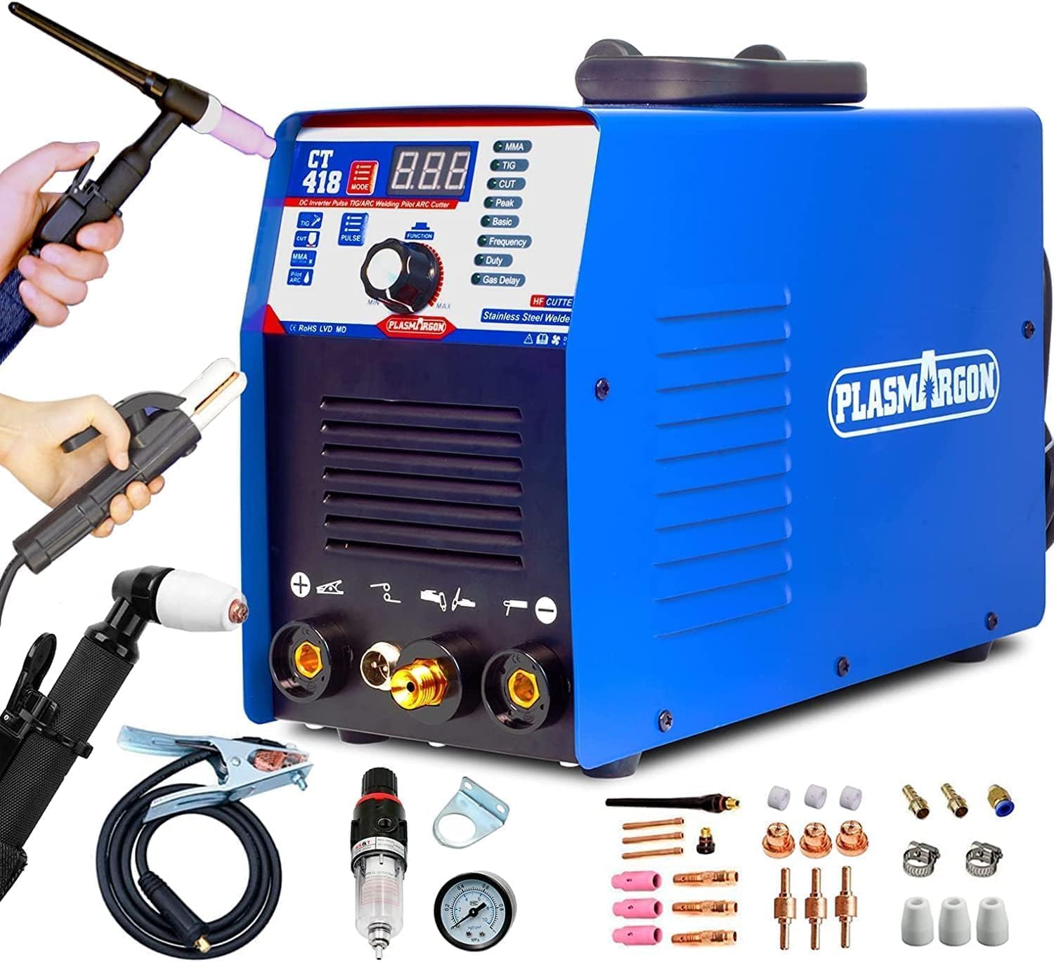 3 in 1 Combo Pilot Arc Plasmaschneider WIG Schweißgerät MMA Wechselrichter Kombischweißgerät Plasmaschneider TIG MMA | IGBT | Digitale LCD Anzeige | HF-Zündung CT418P