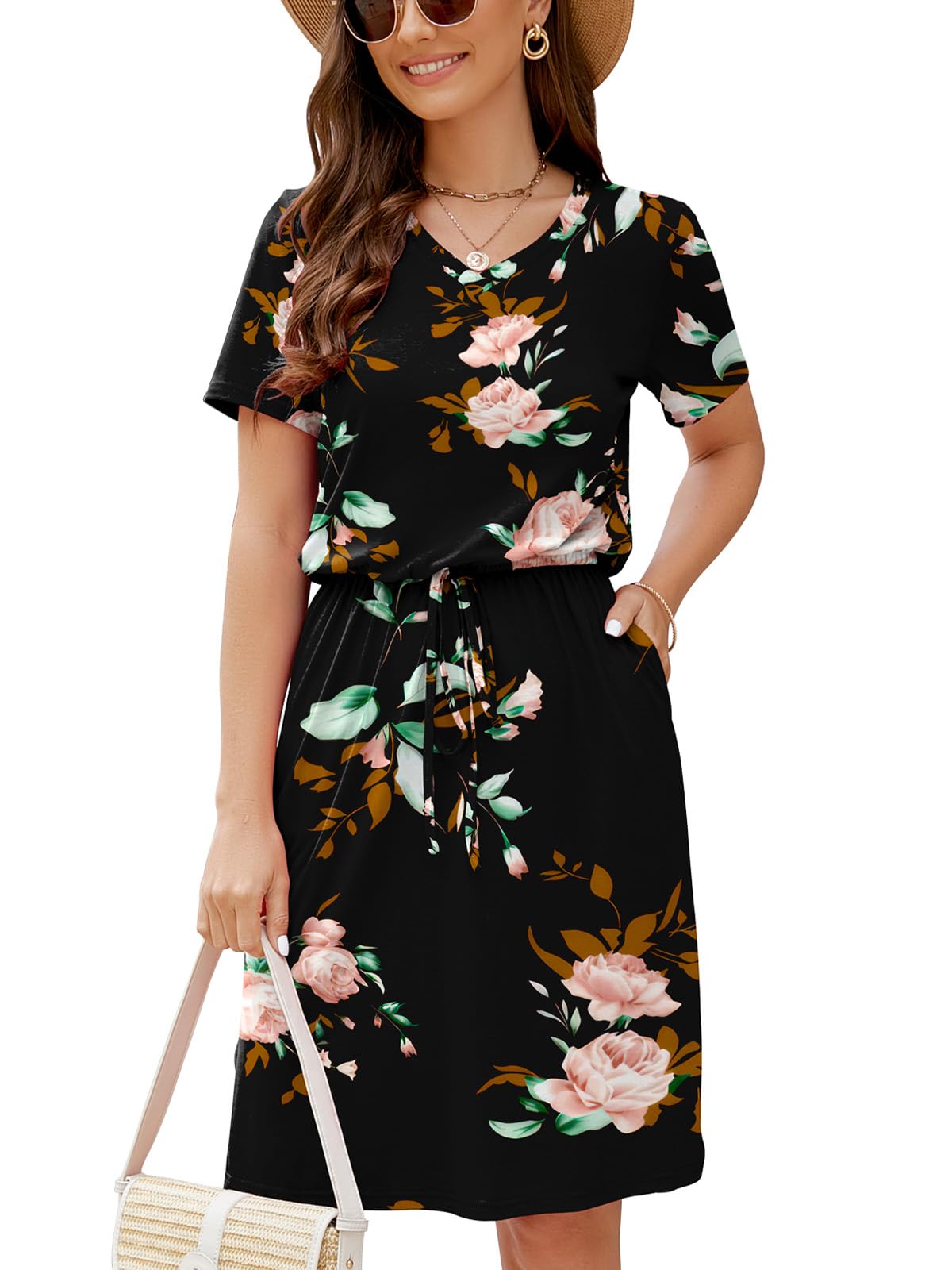XL size HUSKARY Women Summer Casual Midi Dresses Short Sleeve V Neck Drawstring Knee Length T Shirt Dress with Split and Pocket