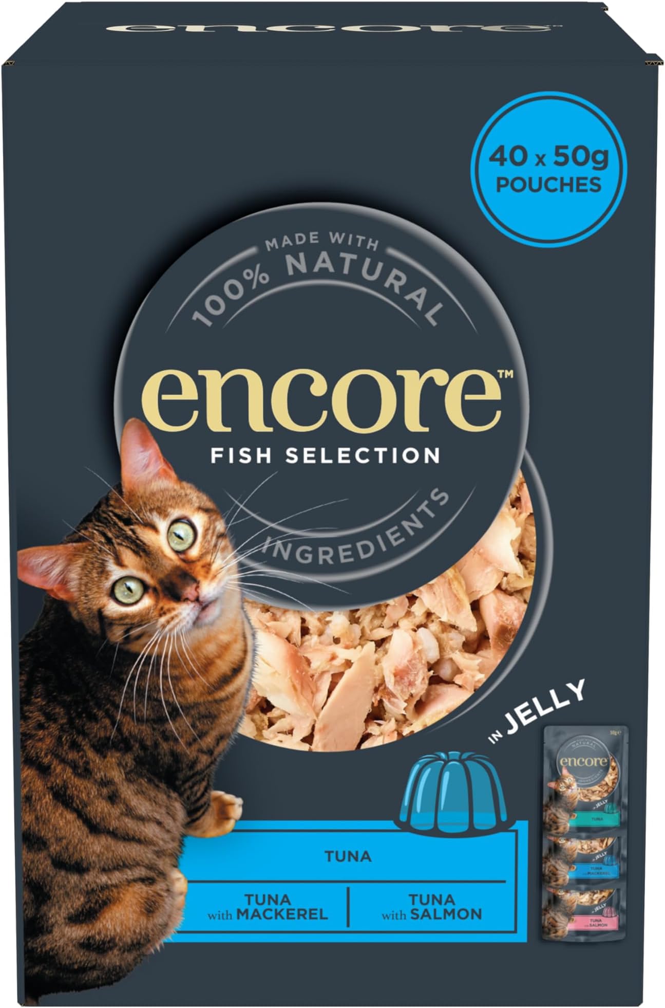 Encore 100% Natural Wet Cat Food, Multipack Fish Selection in Jelly Pouch, 50g (5x50g Pouches)
