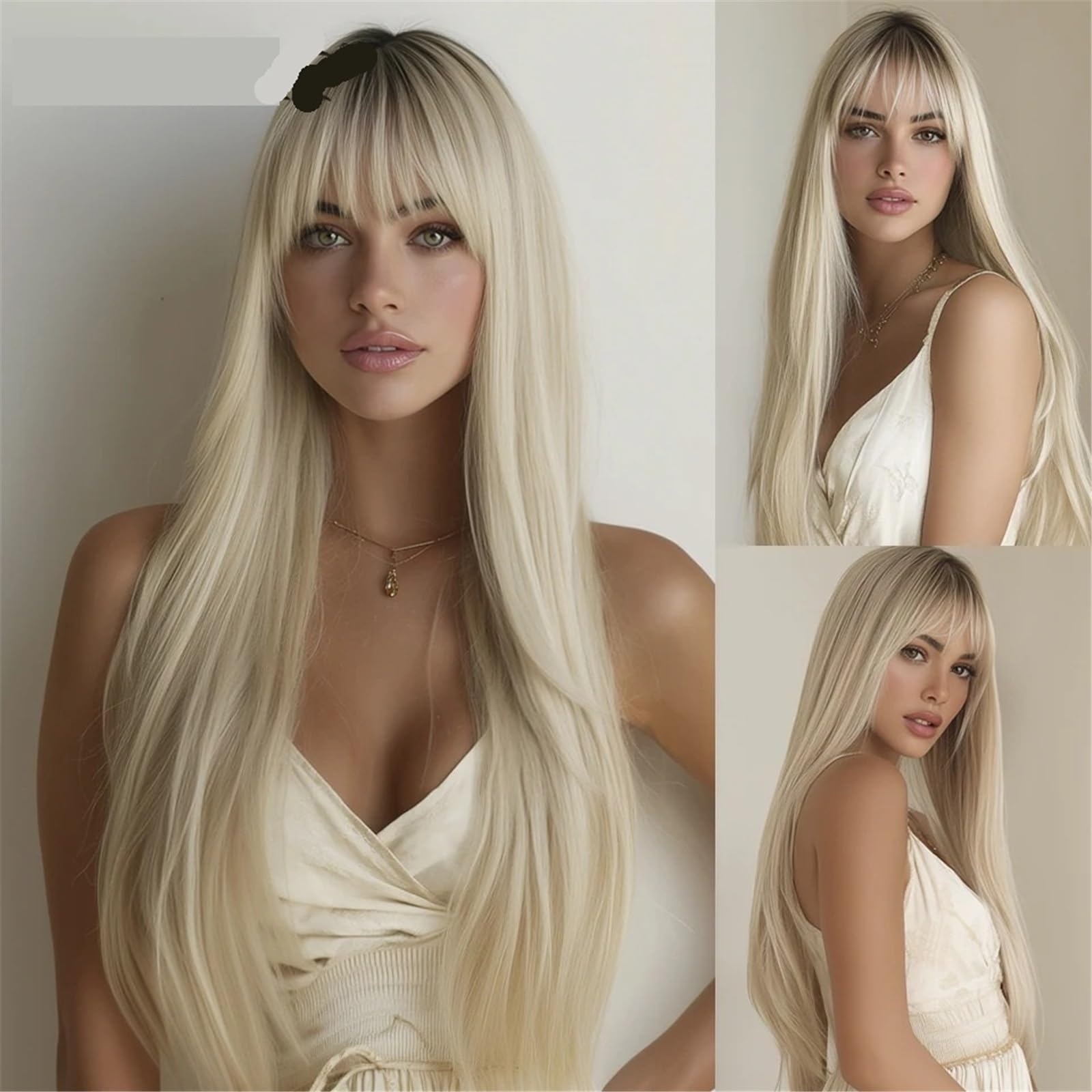Kobiety Peruka syntetyczna żaroodporna z grzywką Długie proste peruki w kolorze ombre blond Impreza